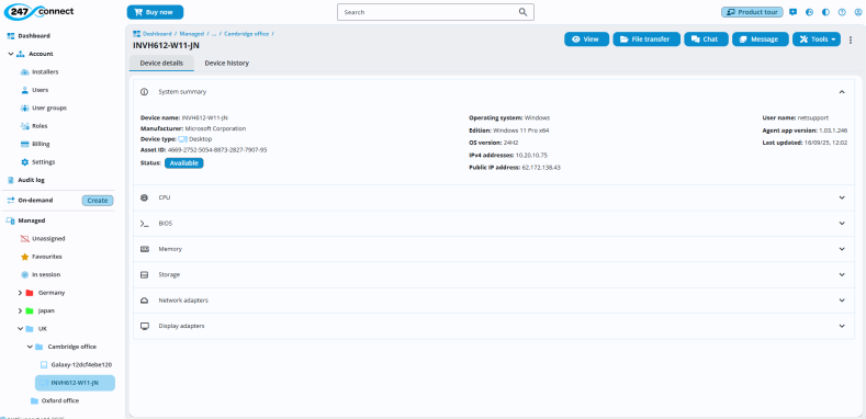 Web Portal showing a selected device in the display area. The Device details tab is selected, showing a system summary with information such as device name, manufacturer (Microsoft), device type (Desktop), asset ID, status (Available), operating system (Windows 10 Pro x64), IP address, username (netsupport), agent app version and last updated timestamp. Expandable sections for CPU, BIOS, Memory, Storage, Network adapters and Display adapters are listed. Buttons at the top include View, File transfer, Chat, and Message.